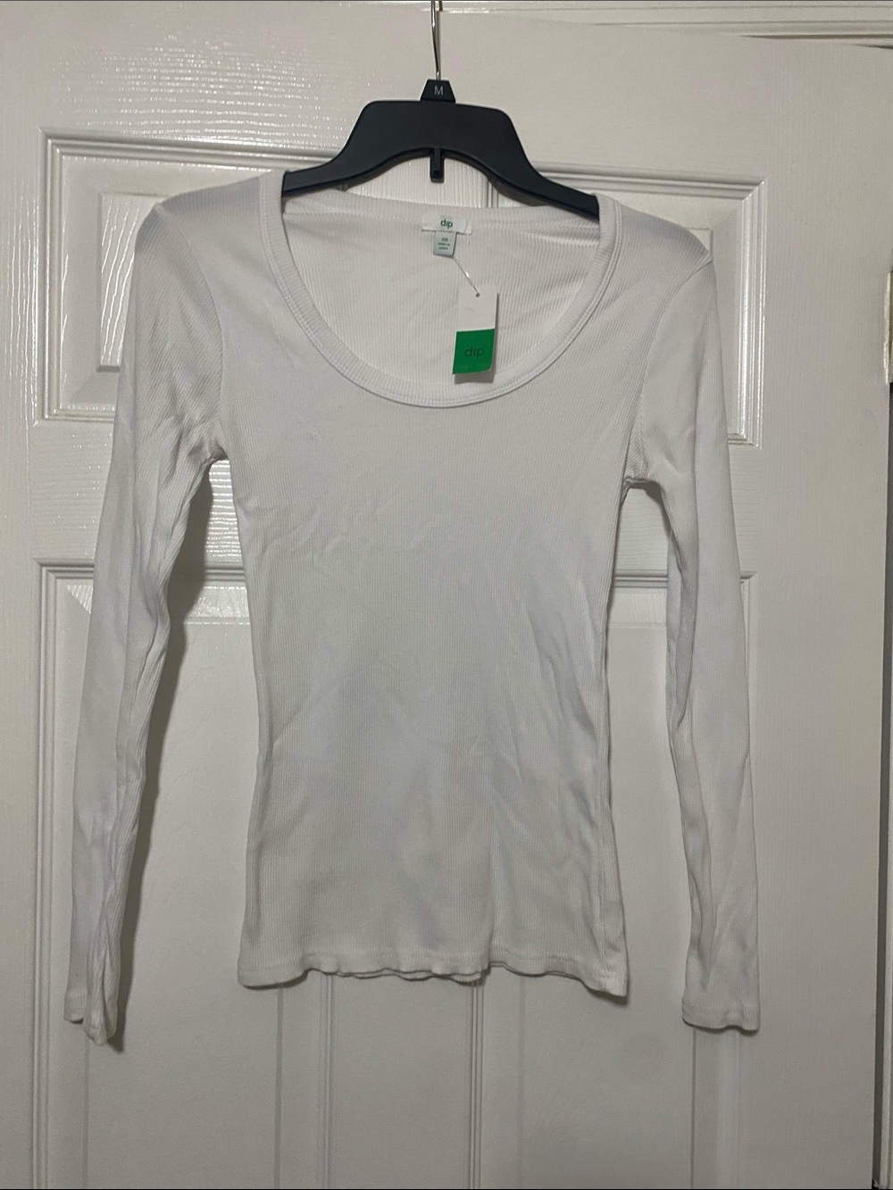 dip White Scoop Neck Ribbed Long Sleeve Top